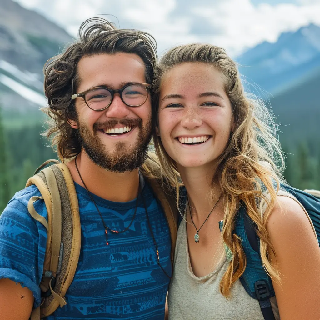Young couple smiling and having a great time while backpacking in the mountains