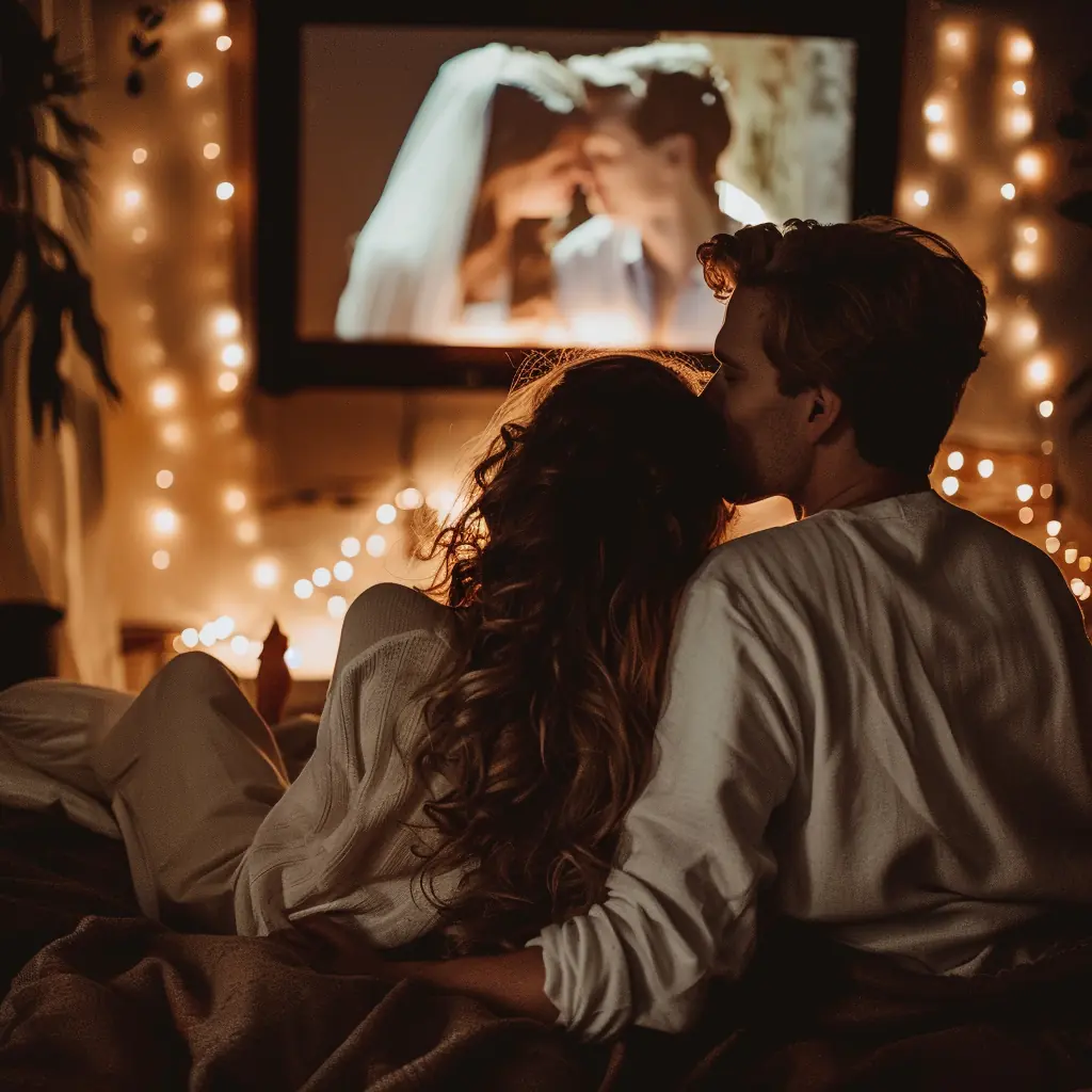 romantic couple watching tv and sharing an intimate moment