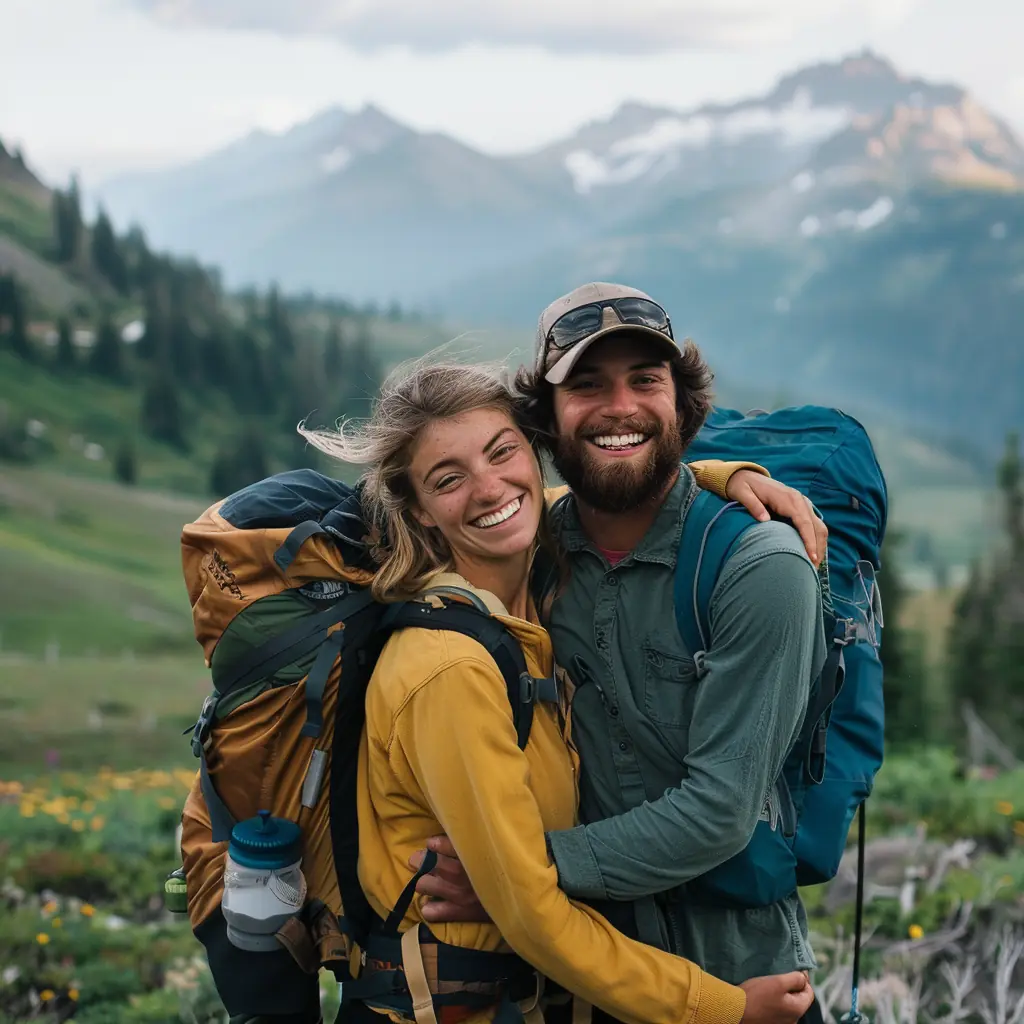 young happy couple hiking outside in the mountains